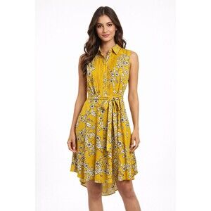 NWT Nanette Lepore Yellow Floral Sash Belt Pintuck Shirt Dress Size 8 Office